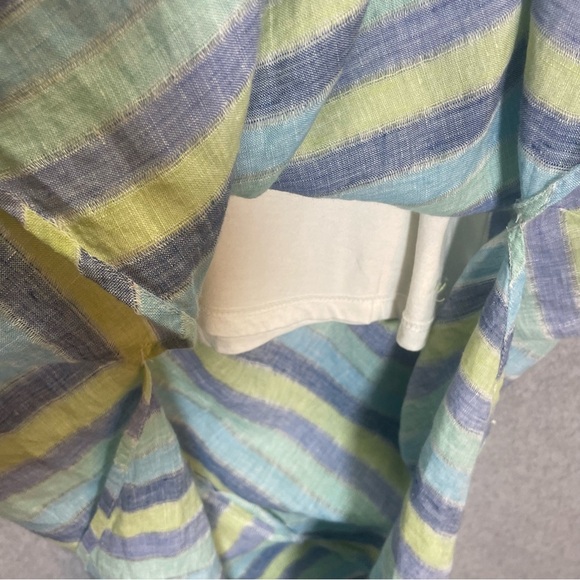 J Jill Liven Linen Lotus Blue Asymmetrical Patchwork Stripe V Neck Maxi Dress - Picture 7 of 9